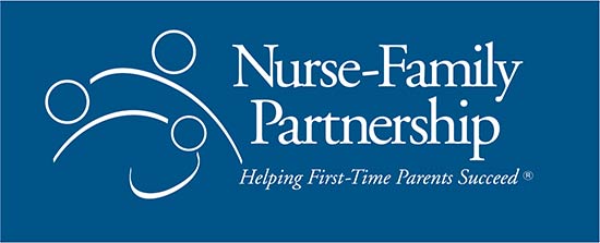 Logo for Nurse-Family Partnership, line drawing of a family; white drawing on blue background