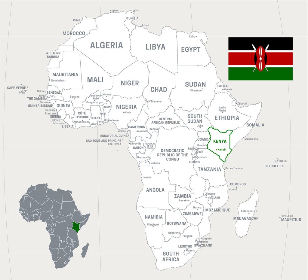 A map of Africa with Kenya highlighted in green