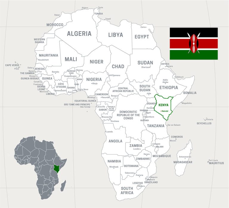 A map of Africa with Kenya highlighted in green