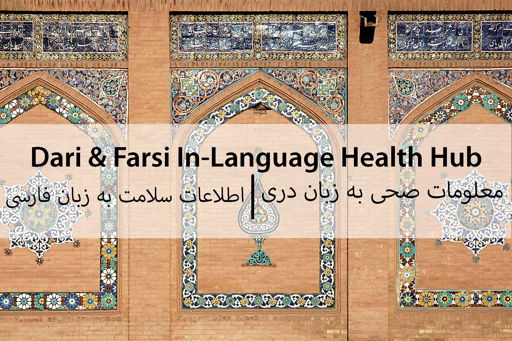 Tiles and murals from a building in Afghanistan; the words say: "Dari In-Language Health Hub"