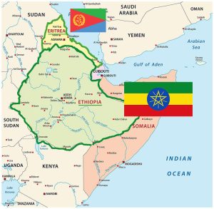 Map highlighting Eritrea and Ethiopia with flags for each country